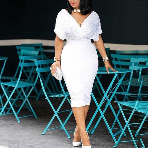 Generic Pink Summer Dress V Neck Tunic High Waist Beading Short Sleeve Ladies Red White Bodycon Plus Size Party Club Midi Dress DON Best Price Online Jumia Kenya