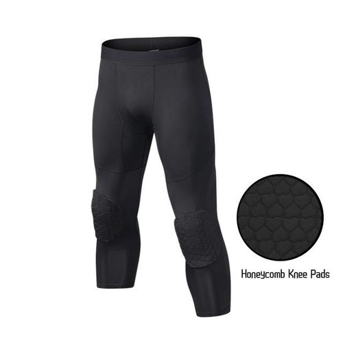 Sports Pants with Knee Pads 3/4 Compression Black Leggings Tights Mens Boys  Youth Pants Football