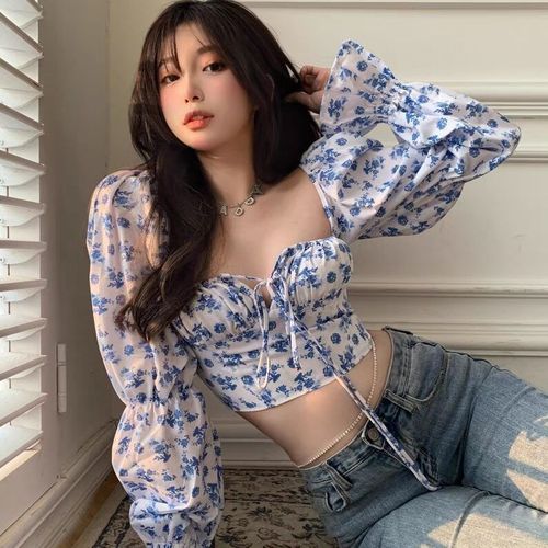 Floral top women crop top crop top korean crop top puff sleeve top square  neck top square neck blous