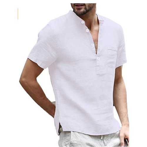 Men's Short Sleeve Shirts, White, Linen & Cotton