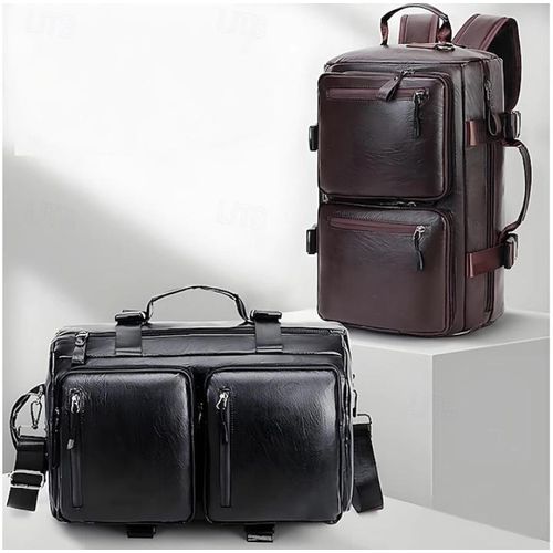 product_image_name-Fashion-Men's Multifunctional Premium Leather Business Backpack 15.6 Inch Laptop Backpack 3 Wearing Ways Retro Travel Bag -3