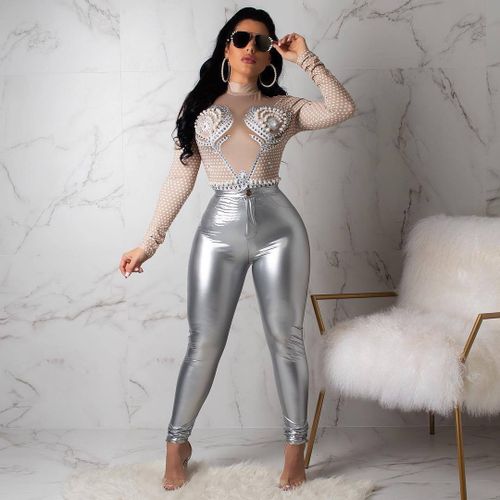 Fashion (Silver)Latex Pu Leather Pants Women Pink Black Tight