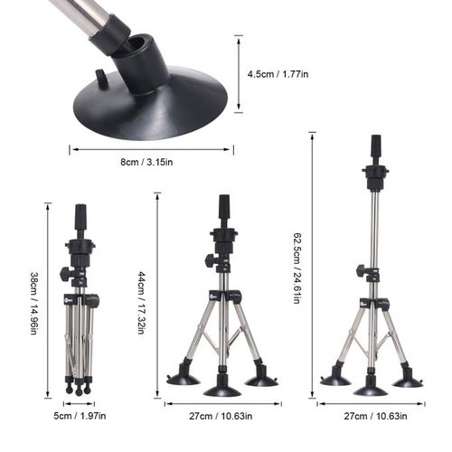 Wig Stand Tripod with Suction Cups Mini Adjustable Mannequin Head