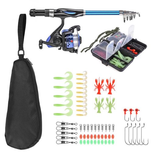 Kids Fishing Rod and Reel Combo Full Kit 1.5m Telescopic Fishing Casting Rod  Spincast Reel Set with Hooks Lures Barrel Swivels Storage Bag 