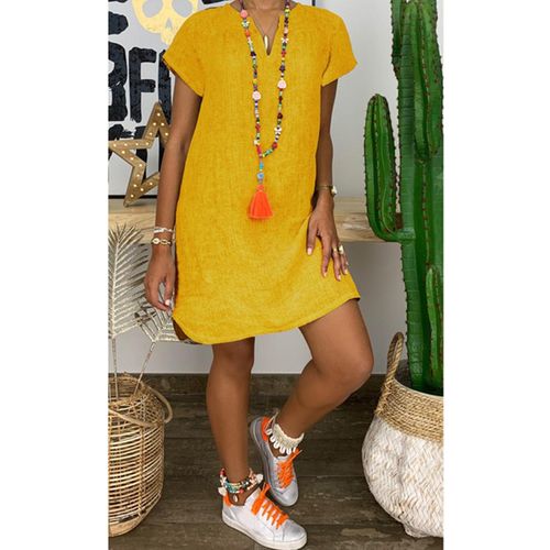 Linen Dresses for Women Summer Short Sleeve Beach Dress Loose Casual V-Neck  Mini Sundress Fashion Ladies Tshirt Dress