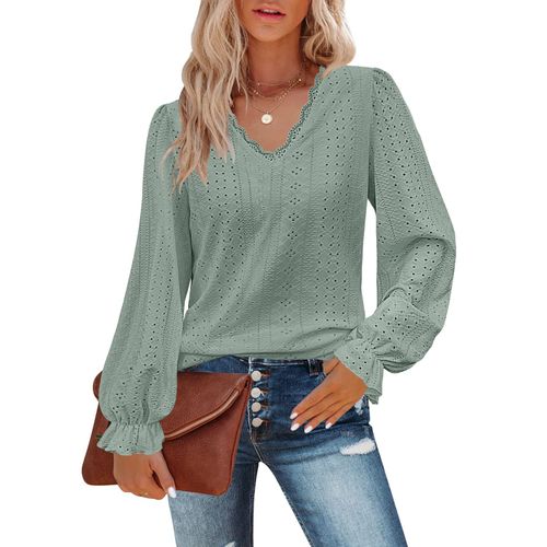 2023 Fashion V Neck Elegant Lace Blouse Spring Women Long Sleeve