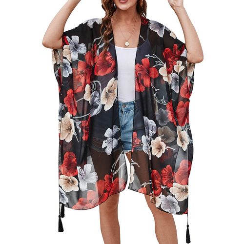 Shop Generic Women Loose Chiffon Kimono Floral Print Half Sleeve Open Front  Tassels Cardigan Summer Beach Boho Bikini Cover Up Online