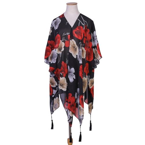 Generic Women Loose Chiffon Kimono Floral Print Half Sleeve Open