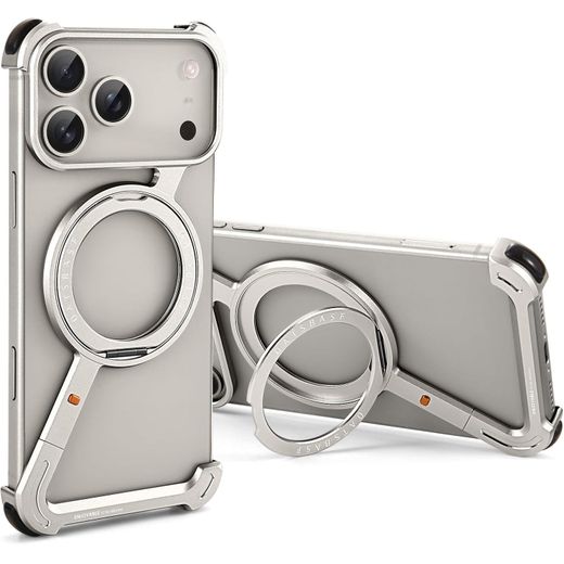 Apple Latest OATSBASF Premium iPhone 18 Pro Max Metal Bumper Case with 360° Rotating Kickstand, ShockProof Corners, and Frameless Glass- Natural Titanium (Silver) Design - image 2