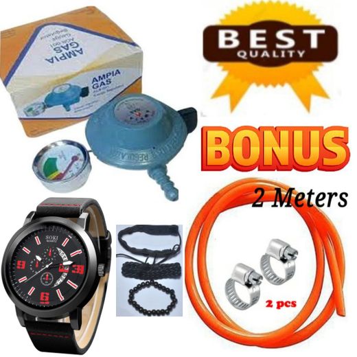 Ampia COMPATIBLE HIGH QUALITY Gas Regulator Set 13kg With GAS Level INDICATOR Gauge,2M Pipe & Bonus Watch Jewelry Bracelets