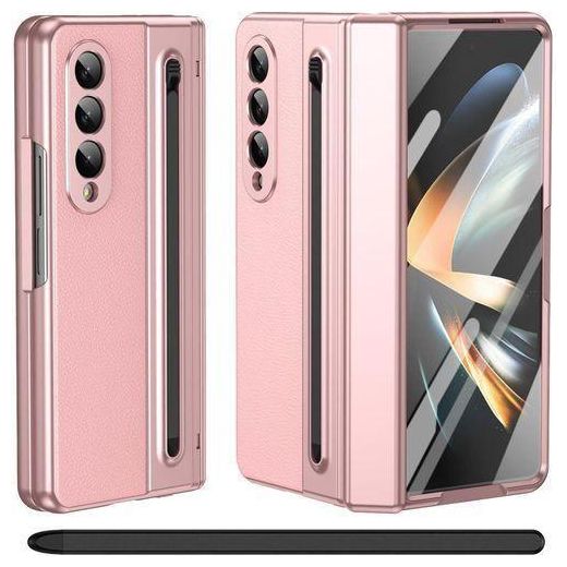 Luxury Foldino Leather Case For Samsung Galaxy Fold 4 With S Pen Slot, Hinge, Camera And Front Screen Safety - Pink Business Class Premium PU Cover