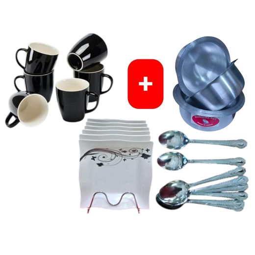 Elegant Durable Beautiful Classic Black Ceramic Coffee/Tea Mug / Cups 6pc Set + FREE 4PCS Stainless Aluminum Sufuria Set, 12pc Table Spoons & 6pc Melamine Dinner Plates