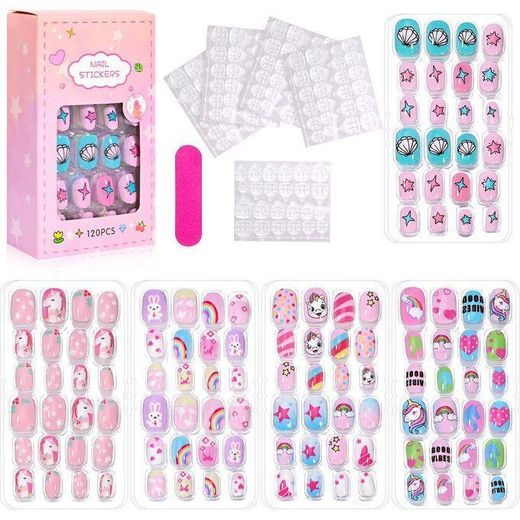 Generic 120/24pcs/box Kids Cartoon Pattern Wearing Fake Nails with 5pcs Jelly Glue & 1 Pcs File Candy Color Children Press On Fake Nails - image 2