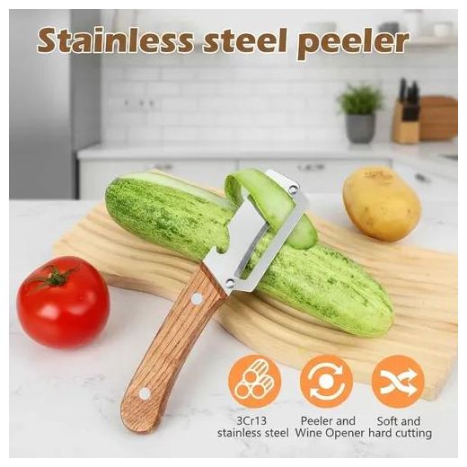 Generic Wooden-Handled Stainless Steel Sharp Peeler with Built-In Bottle Opener for Fruits & Vegetables Ergonomic Non-Slip Handle Long-Lasting Construction Essential Kitchen Tool - image 4
