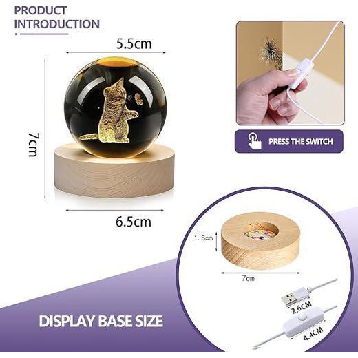 Flushrenic 3d crystal ball,Cat-themed 3D crystal ball glass night light with 7-colour light, children's and women's commemorative gift, graduation gift, birthday gift, with 7-colour light plug-in base, suitable for living rooms, bedrooms, offices and other places - image 2
