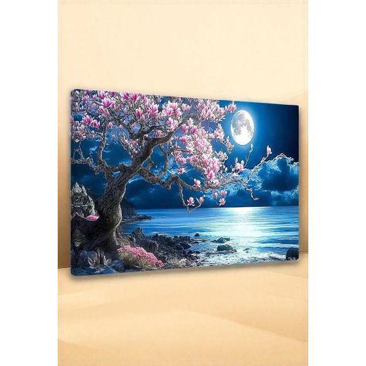 Generic "Rooted in Radiance" Vibrant Cherry Blossom & Moonlight Seascape Canvas Art (Ready to Hang). - image 2