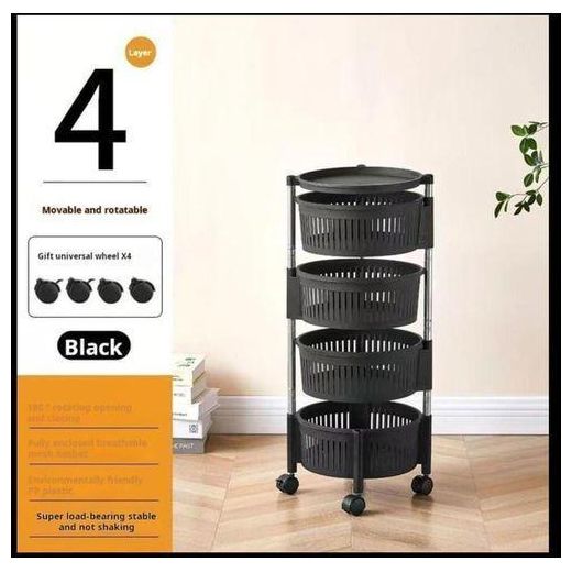 Generic 4-Tier Rotating Fruit and Vegetable Storage Rack with Wheels, Multi-Layer Kitchen Trolley Basket, Space-Saving Organizer Stand - image 2