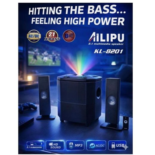 AILIPU KL-8201 2.1 Channel Multimedia Speaker System with Subwoofer – Bluetooth, FM Radio, USB/SD MP3 Player, RGB Light Projector, AC/DC Powered