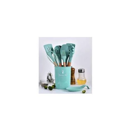 Kitchen Set 12-Piece Silicone Spoon Set with Wooden Handles - Green, BPA-Free, Heat Resistant - image 2