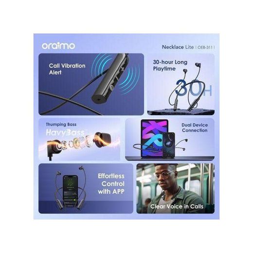 Generic Oraimo OEB-311 Necklace Lite Call Vibration Wireless Headphones – 30Hr Playtime, Vibration Notifications, Dual-device Connectivity, Oraimo Sound App, 10m Range, 220mAh Battery - image 2