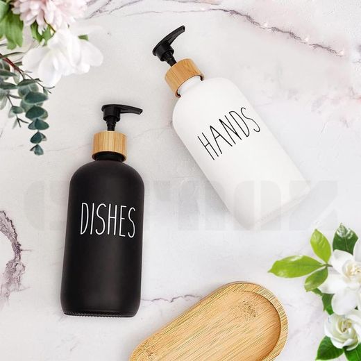 Generic 2Pcs Premium 500ml Glass Soap Dispenser Set with Bamboo Tray – Amber Glass Bottles with Rust-Proof Pumps & Minimalist Labels – Elegant Countertop Organiser for Kitchen Dish Soap & Bathroom Hand Soap - image 2