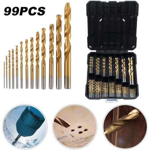 Generic  Titanium Coated Drill Bit Set,99 Pcs High-Speed Steel HSS Twist Bits for Metal, Wood, Plastic, Aluminum Alloy - 135° Metric Set (1.5mm-10mm) with Storage Case