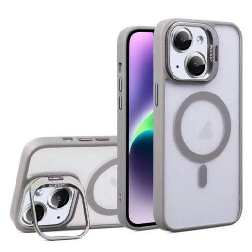 Grey Magsafe Compatible Stand Bracket Transparent Case with Camera Metal Ring Lens Protector for iPhone 13