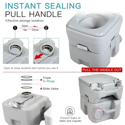 Generic Toilet Portable Travel Toilet w/Sealing Slide Valve, Anti-Leak Water Pump, Carry Handle, Large Capacity Waste Tank for Car, Boat, Truck (20L Gray) - image 2