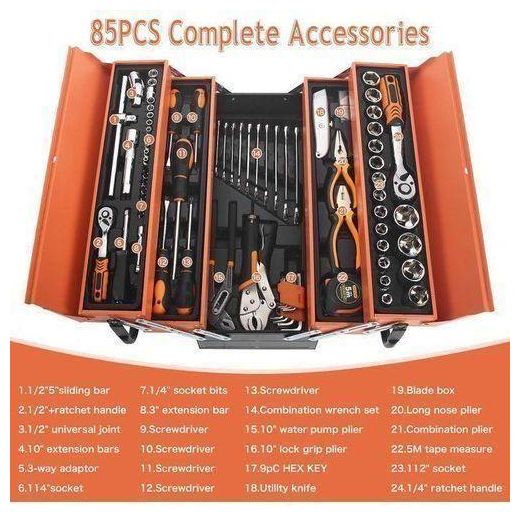 85-Piece Socket And Wrench Set In Professional-Grade Metal Toolbox For Car & Truck Repair And Maintenance Works – 1/2'' 1/4'' Tools Mechanics