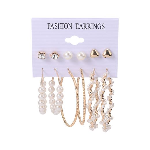 Gold Pearl & Diamond Earrings Set - 6 Pairs for Women