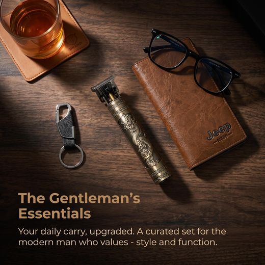 Fashion Men's 4-in-1 Premium Set - Dragon Engraved Hair Trimmer (with Full Accessories) , Anti-Blue Light Glasses (No Case) , Leather Wallet, Keychain - image 2