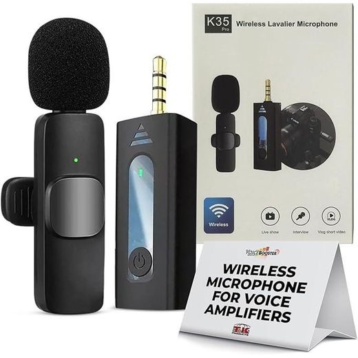 Lavalier K35 Pro Voicebooster Wireless Microphone, Plug & Play Clip on Lapel Mic - 3.5mm Plug for iPhone, Android, Voice Amplifier - Noise Cancelling Mini Microphone for Podcast, Interview & Vlogging