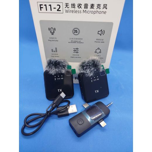 Generic F11-2 Wireless Lavalier Microphone 2 Transmitters 1 Receiver with Noise Reduction and Fuzzy Windshields for Smartphone Vlogging - image 2