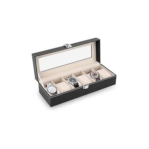 Generic 6 Grids Watch Box Leather Watch Storage Box Watch Display Box with 6 Removable Watch Pillows Watch Storage Case Wristwatch Box for Men Women View-