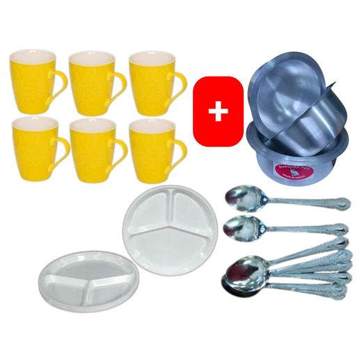 Elegant Durable Beautiful Classic Yellow Ceramic Coffee/Tea Mug / Cups 6pc Set + FREE 4PCS Stainless Aluminium Sufuria Set, 12pc stainless Table Spoons & 6pc Melamine Dinner Plates