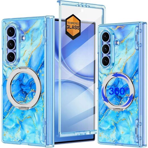 Generic Samsung Galaxy Z Fold7 Case, Ocean Blue Marble Design, Magnetic Ring Stand, Bundled Tempered Glass Panel