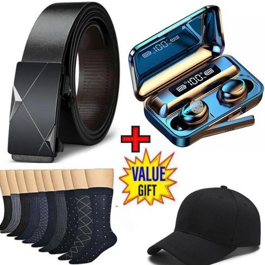 All Size Men Leather Buckle Belt +BT Earbuds + 5 Pairs of socks +Cap