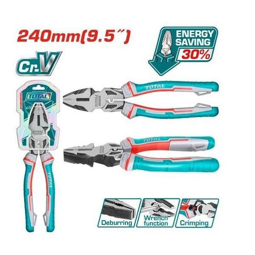 TOTAL 9.5inch (240mm) High Leverage Combination Pliers with Crimping, Spanner & Deburring functions – THT210906S