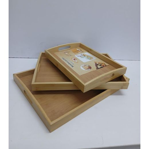 Generic 3 Pack Serving Tray,Large Bamboo Serving Tray With Handles Wood Serving Tray Set For Coffee,Food,Breakfast,Dinner