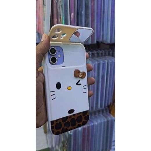 Apple iPhone 14 Pro Max Cute Cartoon Kitty Case with Sliding Mirror Camera Cover, Cute Bow Charm and Leopard Print Trim, Glossy Soft TPU Protective Case - White - image 2