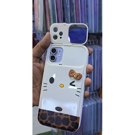 Apple iPhone 14 Pro Max Cute Cartoon Kitty Case with Sliding Mirror Camera Cover, Cute Bow Charm and Leopard Print Trim, Glossy Soft TPU Protective Case - White - image 3