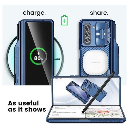 Generic Nilkin Samsung Galaxy Z Fold 5 Case with S Pen Holder & Hinge Protection Hidden Kickstand,Slide Camera Cover CamShield Pro Slim Protective Case for Galaxy Z Fold 5 5G (Blue) - image 2