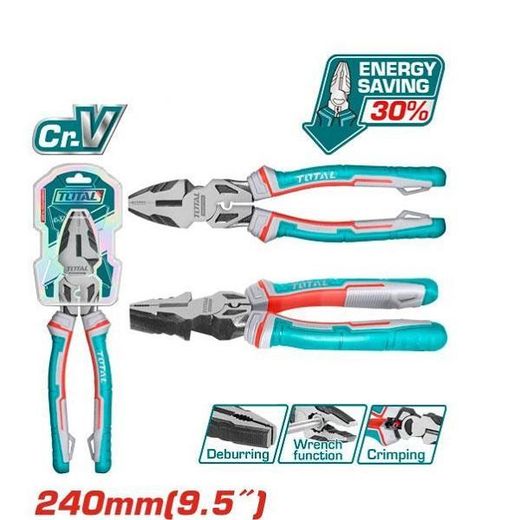 TOTAL 240mm (9.5inch) High Leverage Combination Pliers with Crimping, Spanner & Deburring functions – THT210906S