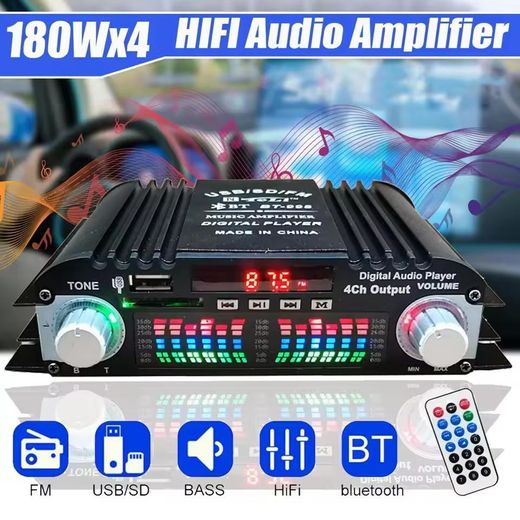 Generic 4 Ch HIFI Audio Stereo Power Amplifier with Remote Control,Digital Audio Amplifier- Black