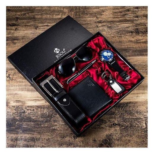 JESOU Fashion Men's Gift Set Exquisite Packaged,6pcs Men's Gift Set with Box Brown Leather Belt Wallet Watch Glasses Keychain Ballpoint Pen Gifts for Men