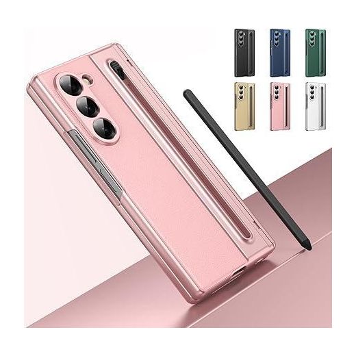 Generic Luxury Foldino Leather Case for Samsung Galaxy Fold 6 with S Pen Slot, Hinge, Camera and Front Screen Protection - Pink Business Class Premium PU Cover