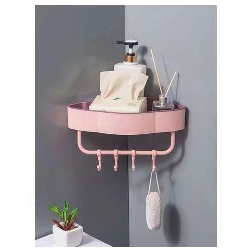 Generic Triangular Bathroom Shelf Holder+4hooks+Towel Hanger - image 2
