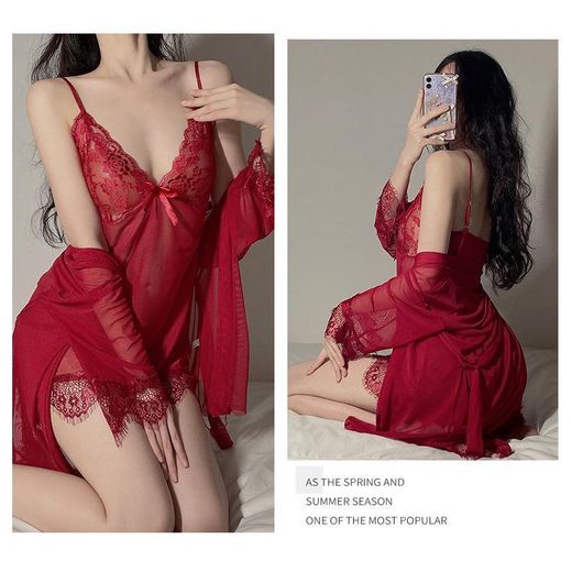 Fashion Sexy Nightwear Set Suspender Nightgown Dress With Robe Sleepshirts - image 2