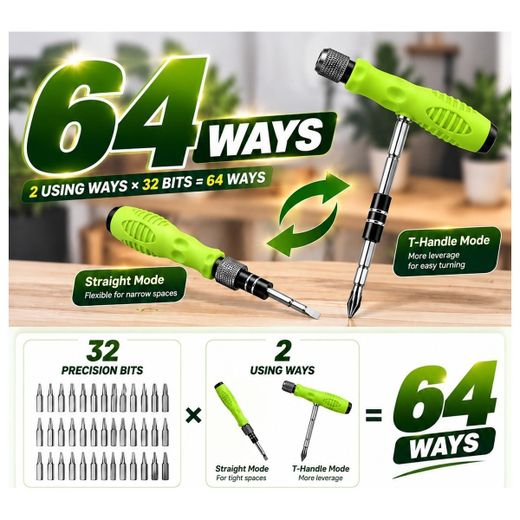 Cloudoon Multi-Bit Screwdriver Set, Straight & T-Handle Dual Mode, 32 Bits for Home Repair - image 2