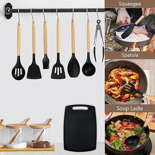 Flushrenic 19 piece kitchen utensil set, cooking utensil set, heat-resistant silicone tableware, 11 scraper cooking utensils, 6 cutting tool set, 2 cutlery cutting boards (black 19 piece set) - image 4